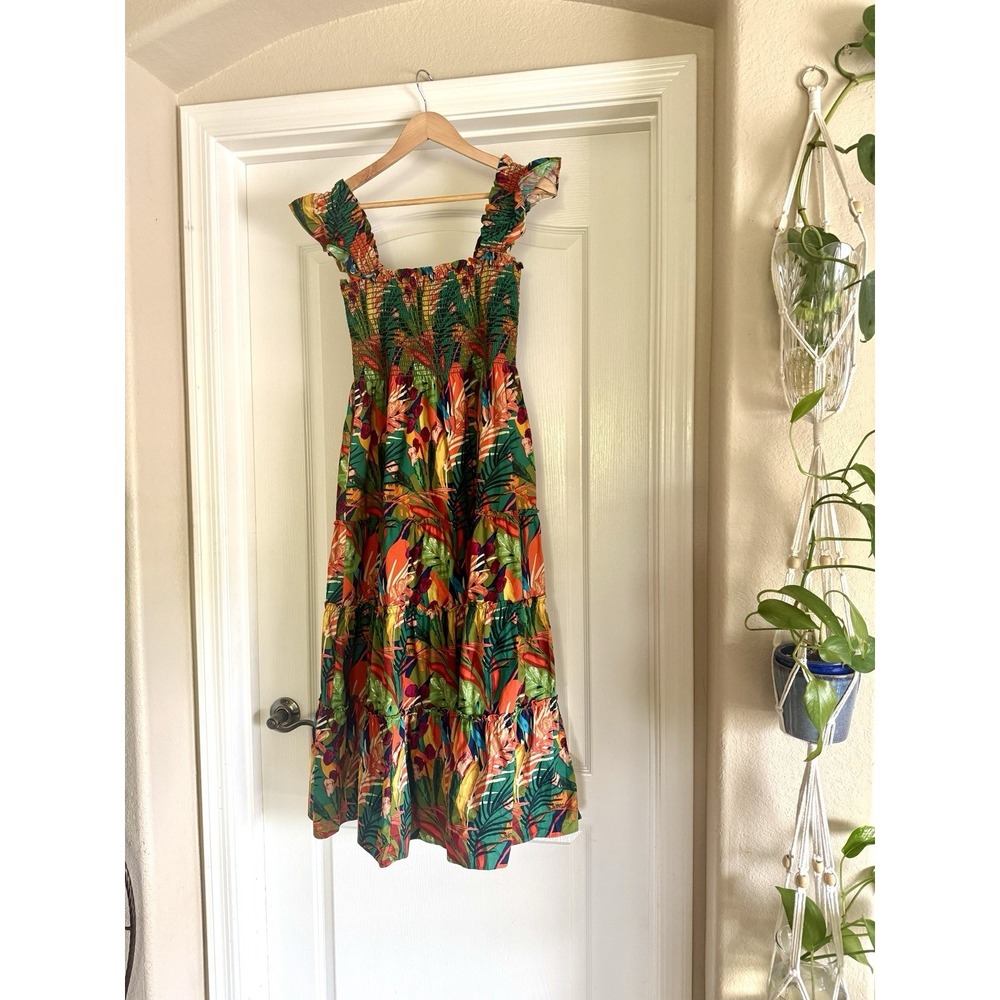 Anthropologie OPT Calypso Tropical Cotton Sundress Womens L Bold Floral Smocked - Picture 3 of 11